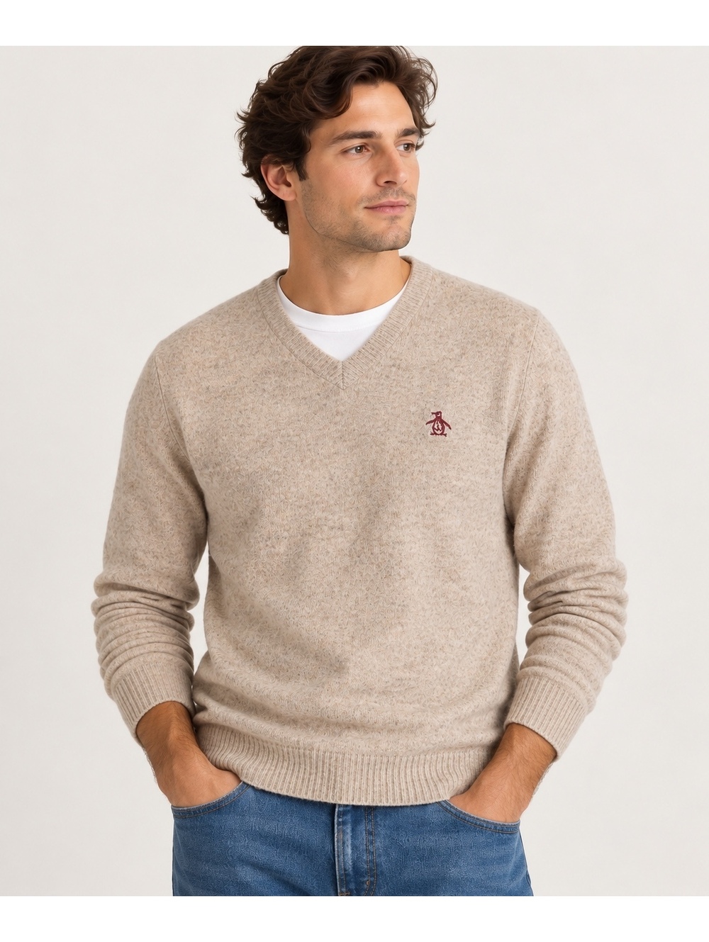 Original Penguin Munsingwear Men’s 100% Lambswool V-Neck Sweater Beige M